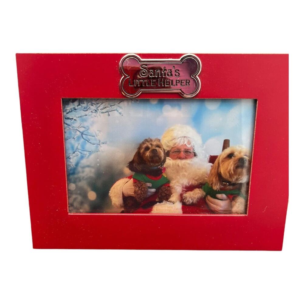Santa’s Little Helper - Red 4x6 Picture Frame With Silver Decorative Bone. EUC